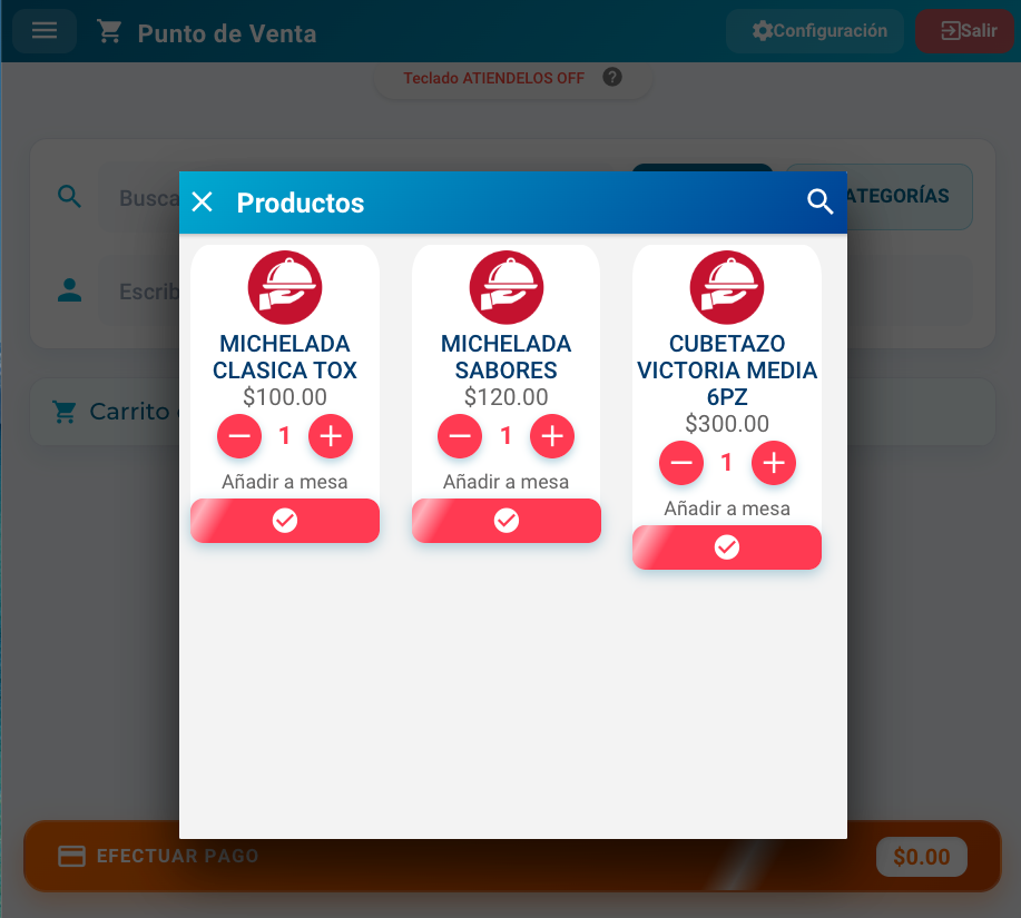 Vista de Atiéndelos Express con catálogo y flujo de punto de venta