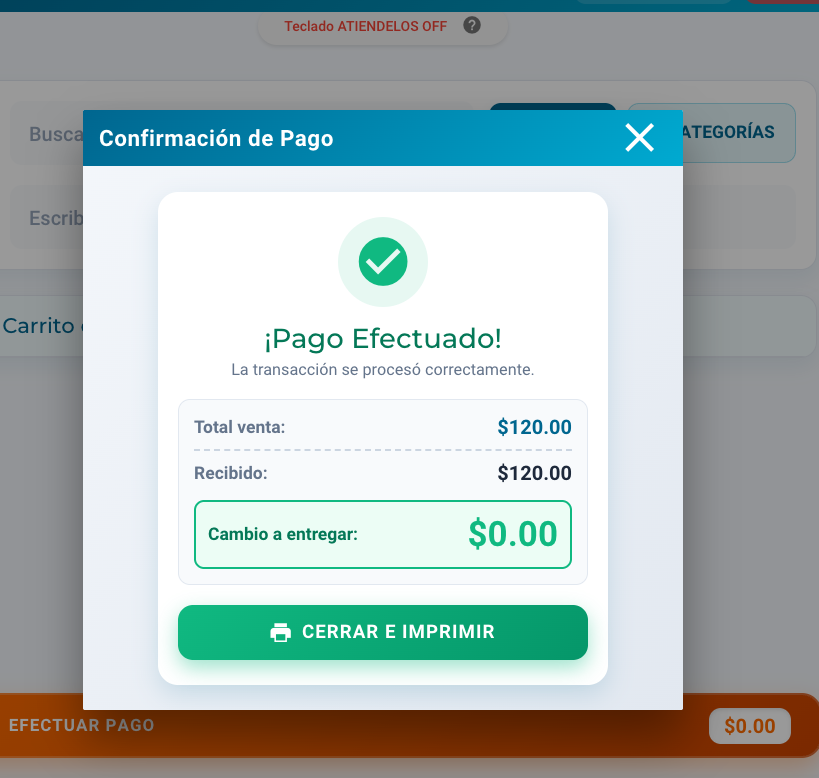 Pantalla de Venta Express con resumen de cobro y herramientas de caja